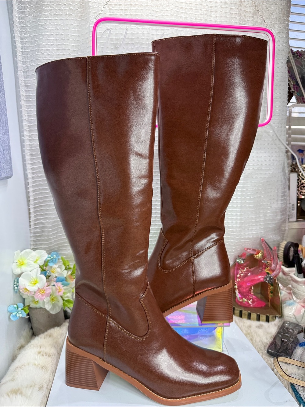 Classic Brown Leather Knee-High Heeled Boots